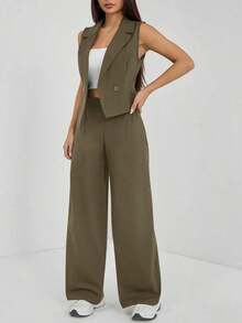 de 2 piezas de ropa de otoño, top sin mangas y pantalones de unicolor para mujer - Verde militar - Ver 6