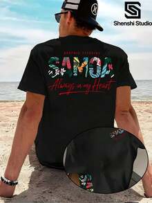 Bonita camiseta celeste con diseño floral "Samoa Always in my Heart", estilo tropical ideal para amantes de la cultura polinesia. - Negro - Ver 6
