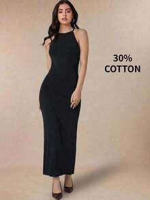Vestido largo de mujer de unicolor con cuello halter sin mangas, cintura ceñida, ajuste delgado, color negro, adecuado para el transporte urbano, negocios, casual, elegante, ocasiones formales, estilo retro de los 90, diario, viaje, atuendo minima - Negro 2 - Ver 7