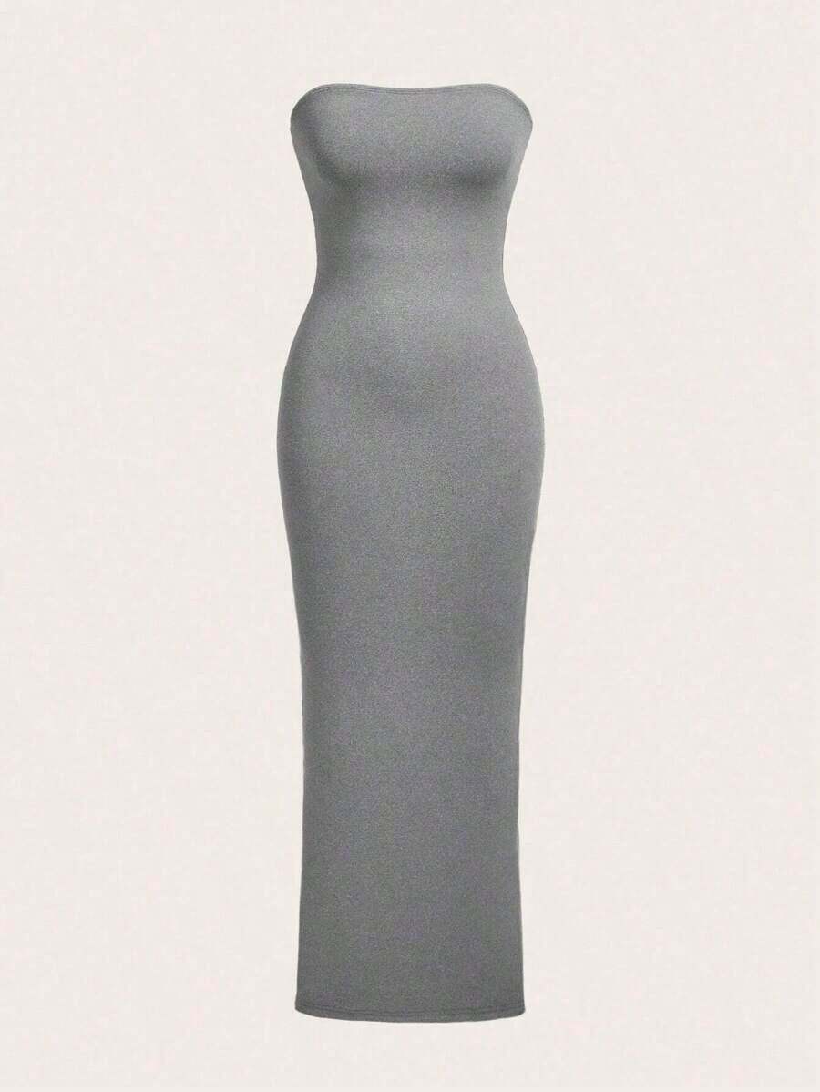 Vestido Sólido Estilo Tubo Para Cena O Citas Casuales - Gris - Ver 1