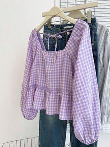 Blusa con volantes en el bajo, nueva llegada de otoño para mujer - Morado - Ver 2