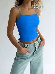 Camiseta De Tirantes Corta Sin Espalda Y Ajustada Con Un Solo Color Para El Verano - Azul - Ver 3
