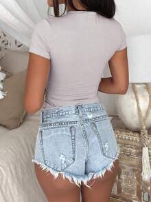 Camiseta ajustada de manga corta con cuello en V de unicolor para mujer, estilo Y2K sexy, adecuada para uso diario casual, blanco verano - Gris - Ver 8