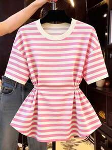 Camiseta de manga corta de cuello redondo con cintura a rayas, casual de verano para mujer - Rosa - Ver 5
