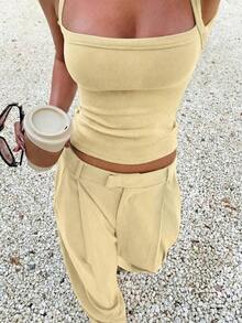 deportivo casual de unicolor, sexy, con espalda descubierta y tirantes cruzados, adecuado para el verano - Amarillo - Ver 3
