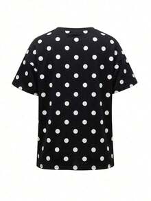 Camiseta casual de mujer  de cuello redondo holgado, camiseta de manga corta de ajuste ceñido con parches a rayas minimalista, adecuada para primavera/verano, ideal para el Día de San Valentín - Fondo negro con ondas blancas - Ver 4