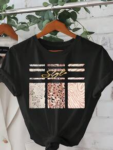 Camiseta con estampado de cebra, de manga corta y cuello redondo, informal, adecuada para primavera y verano, ropa de mujer, camisa elegante ideal para fiestas. - Negro - Ver 1