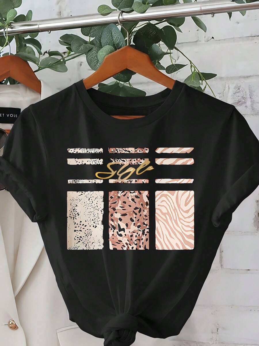 Camiseta con estampado de cebra, de manga corta y cuello redondo, informal, adecuada para primavera y verano, ropa de mujer, camisa elegante ideal para fiestas. - Negro - Ver 1