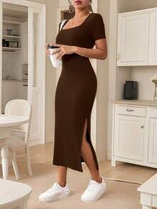 Frenchy Vestido elegante de unicolor de manga corta con abertura simple para mujeres - Marron oscuro - Ver 6