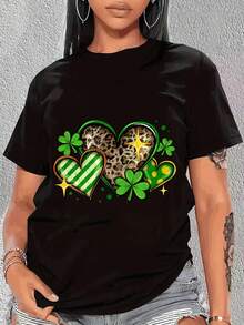1 camiseta verde de mujer para el Día de San Patricio, con estampado de trébol y lazo - top casual de manga corta y cuello redondo, lavable a máquina - perfecta para celebraciones de primavera y verano, camiseta cómoda de cuello redondo, 180g, 100% algodón. - Negro - Ver 6