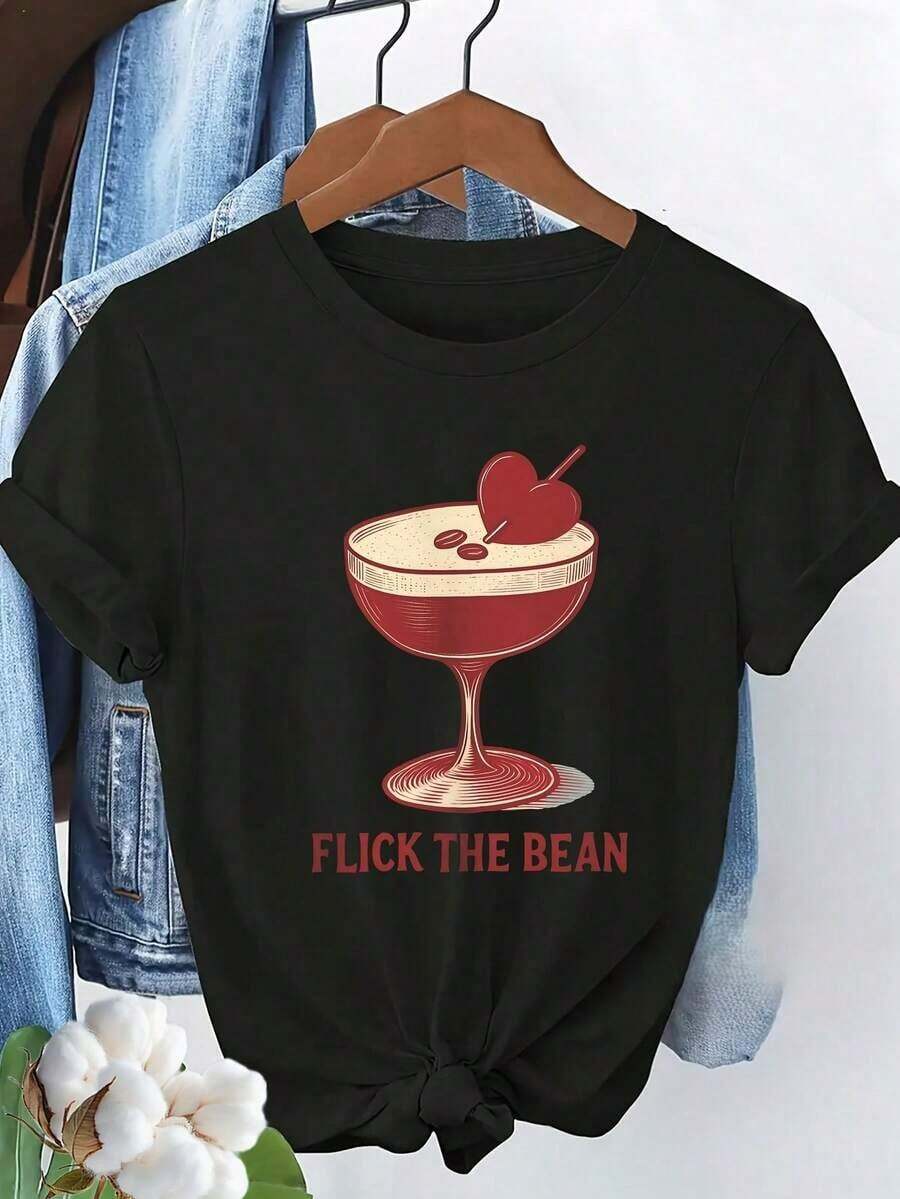 Camiseta de algodón de peso pesado, 1 pieza, ropa de otoño para mujer, temática de cócteles de café, patrón de vaso de cóctel rojo con cereza en forma de corazón de color y la palabra BEAN, cuello redondo deportivo informal, uso diario, ropa de invierno para amantes del café, ropa, camiseta de ajuste clásico suave para uso diario, 100% algodón. - Negro - Ver 1