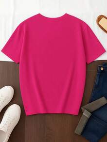 Women's Casual T-Shirt With Artistic Heart Print For Valentine's Day, New Year's Clothing, Graphic Tees For Women - 玫紅色 - 查看 2
