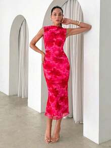 Vestido midi de Body con estampado abstracto rojo sin mangas, adecuado para el verano - Multicolor 2 - Ver 4