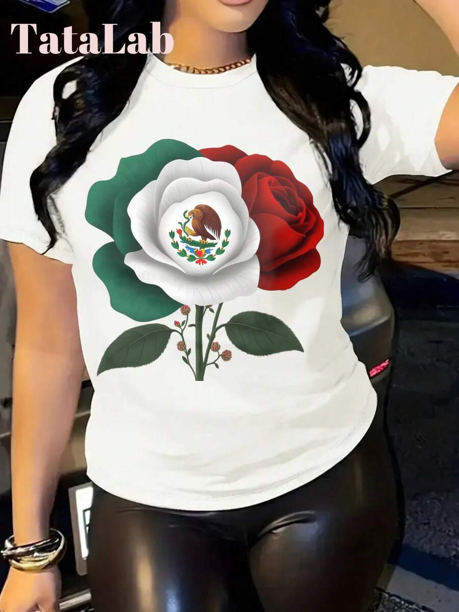 Camiseta de Cuello Redondo para Mujer con Estampado de Rosa y Bandera Mexicana en Negro, Uso Casual Diario - Blanco - Ver 1