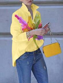 Camisa informal casual de mujer de manga larga con cuello cruzado y estampado floral - Amarillo claro - Ver 6