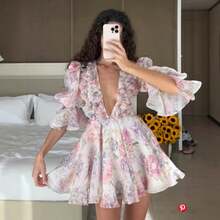 Retro Style Dress With V-Neck, Adjustable Ties And Detailed Floral Appliques - Pink - View 8