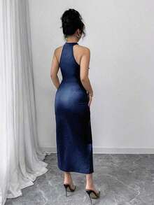 Vestido maxi ajustado con cuello en V, sin mangas, con decoración de encaje y abertura alta, elegante para mujer.Adecuado para vacaciones, citas, reuniones diarias y uso en fiestas, primavera/verano - Azul marino - Ver 2