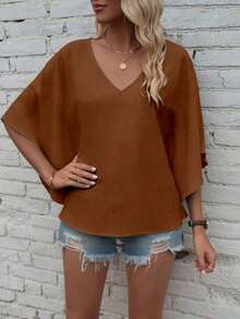 Camisa de manga corta de unicolor, cuello en V, holgada y casual para vacaciones - Café integral - Ver 7