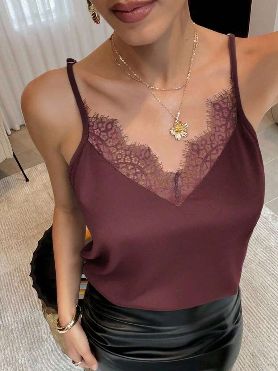 Camiseta de satén con lunares de color café con leche elegante para mujer, camiseta de encaje, top de moda para salidas, reuniones y vacaciones en primavera/verano - Color caoba - Ver 1