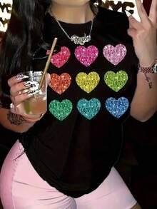 1pc Camisetas para mujer,Camisetas Para Hombre,cuello redondo,estilo urbano juvenil,estilo streetwear,diseño de moda callejera,ideal para uso informal diario - Negro - Ver 1
