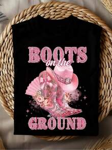 Women's Western Style Denim T-Shirt - Rhinestone And Pink Boot Print, Short Sleeve Crew Neck Solid Color Top, Suitable For Country Parties, Rodeos, Casual Wear - Breathable Spring Summer Outfit - Black - View 5