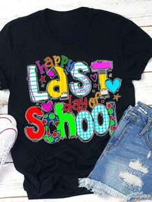 Camisetas Gráficas para Maestras - Ropa de Verano para Mujer "Feliz Último Día de Clases" - Camiseta Oversize de Algodón de Manga Corta Estilo Urbano Casual - Tops de Moda para Mujer - Regalos de Agradecimiento para Maestras - Adecuado para primavera, verano y otoño. - Negro - Ver 7