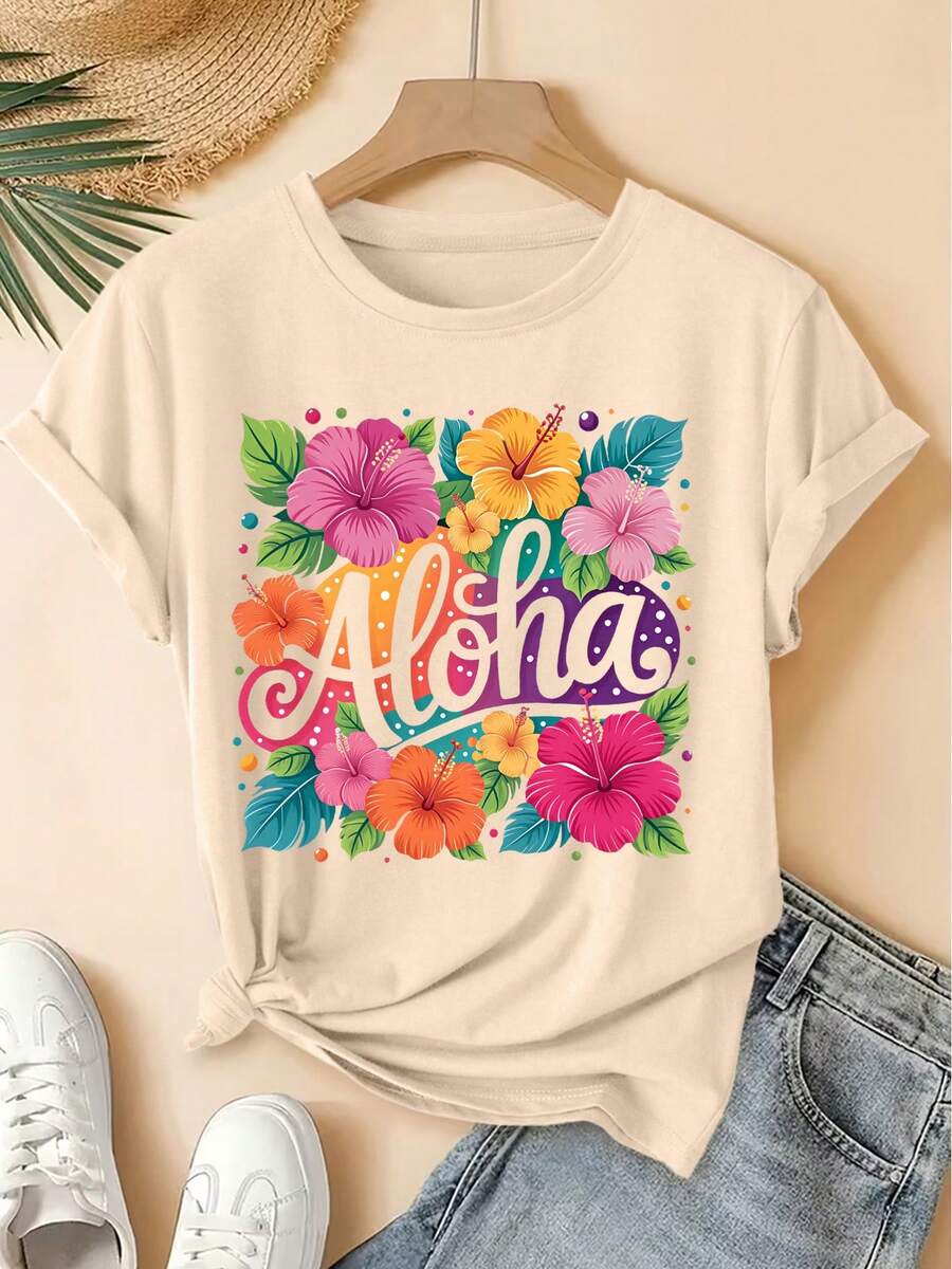 Aloha Tropical Hibiscus Flower Colorful Print Short-Sleeve Vintage Round-Neck T-Shirt, Fresh Forest Style Loose Top, 2026summer Party Commuter Women's - 杏色 - 查看 1