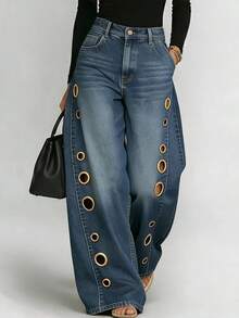 Women's High Waist Wide Leg Jeans With Eyelet Detail, Button Fly With Side Pockets, Loose Fit Silhouette With Cutout Accents, Casual Edg SwankSociety - Dark Blue - View 4