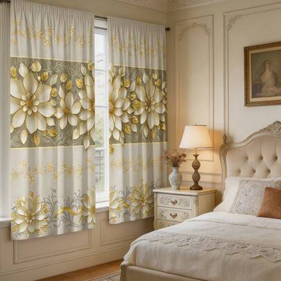 2PCS Golden Floral Curtains, Floral Decorative Wallpaper Pattern Printing, Filter Curtains, Suitable For Bedroom, Living Room, Office And Home Decoration, Pole Pocket Design, Suitable For Pole Wearing, Privacy Protection, Suitable For All Seasons, Modern Light Luxury Style, Decorative Curtains