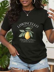 Women's Summer Casual T-Shirt With Letter And Fruit Print, Short Sleeve Lemon Design T-Shirt, Graphic T-Shirt With Lemon And Bow Design, Casual Vacation Style T-Shirt, Summer Clothing, 100% Cotton, Durable - 黑色 - 查看 7