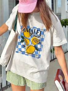 Unisex Casual T-Shirt For Women, Spring/Summer, New With Letter And Fruit Print, Round Neck, Short Sleeve, Versatile And Fashionable, Essential Garment For Daily Wear And Vacations, Classic Thick Cotton Graphic Print T-Shirt, Casual Short Sleeve Top For Women, 100% Cotton, Durable - 白色 - 查看 7