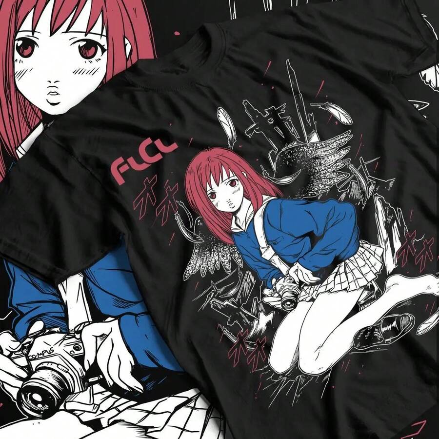 Mamimi Samejima FlCL Fooly Cooly Furi Kuri R Color Stripped Anime Cartoon T-Shirt Men's And Women's Summer Loose Top. Unisex 220g Thick Cotton T-Shirt, Soft And Breathable With Excellent Elasticity, Skin-Friendly And Comfortable For All-Day Wear. Classic And Casual Design, Easy To Match, Ideal For Daily Outings, Streetwear, Sports, Dates, And Casual Gatherings Year-Round. - 黑色 - 查看 1