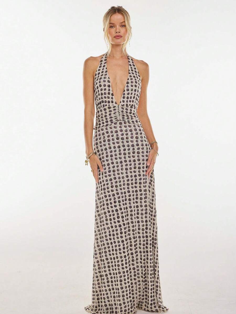 Vestido ajustado con diseño de cuello halter y espalda abierta - Café - Ver 1