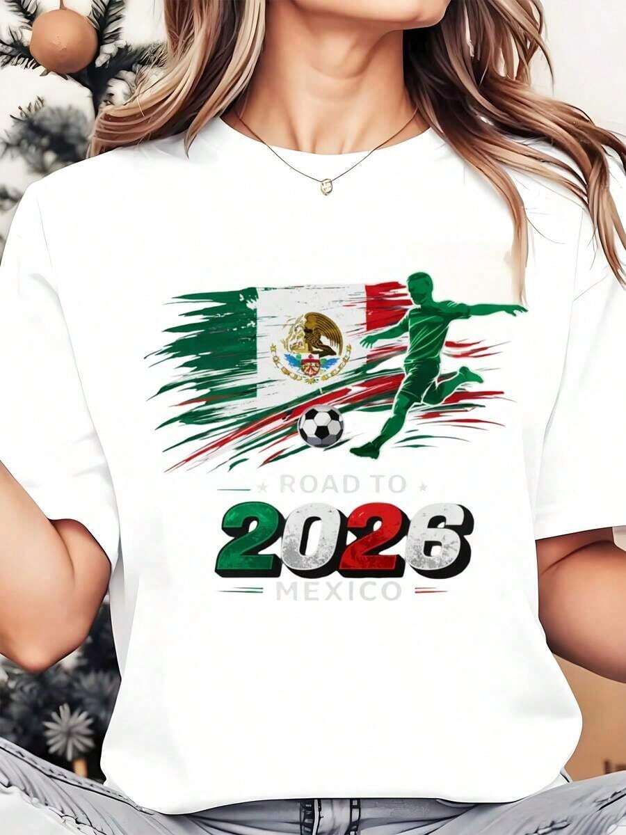 Women's Crew Neck T-Shirt, Mexican Soccer Player Print With Flag, Casual Soccer Fan Clothing, 2026 Celebration, Short Sleeve T-Shirt 220g - 白色 - 查看 1