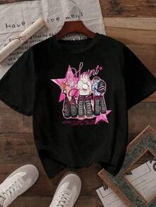 Loose Cool Girls Style T-Shirt, Casual Loose Short Sleeve Blouse For Women, Stylish Cotton Top Y2K Streetwear, Comfortable Street Shirt Basic Crew Neck Cotton T-Shirt For Women - 黑色 - 查看 3
