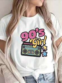 Women's Short-Sleeved T-Shirt With A Relaxed Fit, Featuring A Retro 90s Mini Speaker Print. Made From Lightweight Black Fabric, It's Perfect For Casual Outings At Home, Cafes, Or Parties, Showcasing A Vibrant Retro Style And A Comfortable Fit. Gift Idea: Women's Basic Cotton Crew Neck T-Shirt - 黑色 - 查看 7