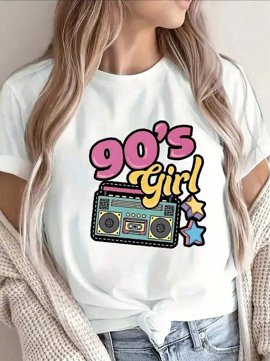 Women's Short-Sleeved T-Shirt With A Relaxed Fit, Featuring A Retro 90s Mini Speaker Print. Made From Lightweight Black Fabric, It's Perfect For Casual Outings At Home, Cafes, Or Parties, Showcasing A Vibrant Retro Style And A Comfortable Fit. Gift Idea: Women's Basic Cotton Crew Neck T-Shirt - 白色 - 查看 1