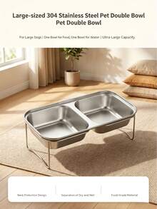 Stainless Steel Rack 2-In-1 Anti-Spill Cat Food & Water Bowl, Detachable Design, Neck Support Pad, Splash-Proof, Absorbent, Easy To Clean, Suitable For Medium To Large Dogs - Double Bowls - View 3