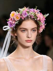 Bohemischer Blumenkranz - Mehrfarbiges Blumen-Haarband mit transparentem Band, geeignet für Bräute, Strandhochzeiten und Brautjungfern - Verschiedenfarbig - Übersicht 9