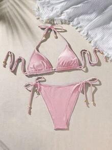 Traje de baño bikini para mujer con cuentas metálicas, de alta calidad, traje de baño de dos piezas en color sólido. - rosa - Ver 10