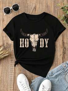 Camiseta de Mujer Estilo Boho Western de Moda, Estampado Retro de Calavera de Toro "Howdy", Top de Manga Corta Transpirable y Cómodo, Camiseta de Cuello Redondo de Algodón Suave, Ideal para Salidas Casuales y Looks de Moda Rodeo de Nashville - Negro 2 - Ver 6