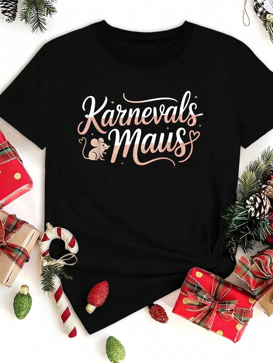 Women's Comfortable And Fitted T-Shirt With German Carnival Mouse Design - Black - View 1