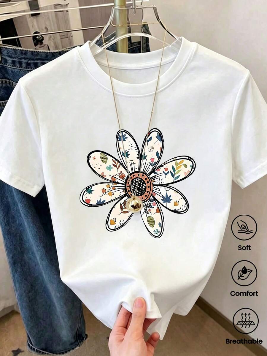 Esta camiseta de manga corta, cuello redondo y corte holgado para mujer es perfecta para el verano. Con un estilo bohemio y estampado de margaritas, es ideal para vacaciones, la oficina, salidas, el día a día, citas, fiestas, reuniones y para un look urbano. Una prenda versátil de estilo casual y deportivo, también es un regalo estupendo para diversas ocasiones. - Blanco - Ver 1