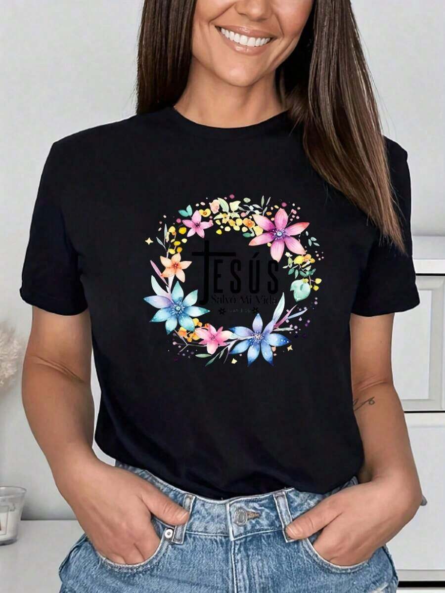 Women's & Men's One Piece, Beautiful Blouses For Women, Women's Clothing Sets, T-Shirts From Local Stores For Women And Men, John 316 Saved My Life, Watercolor Floral Design, High Quality Print, Round Neck, Basic Loose Fit, Breathable, Quick Dry, Versatile, Machine Washable, Comfortable, Daily, Casual, Sporty, Summer Essential. - 黑色 - 查看 1