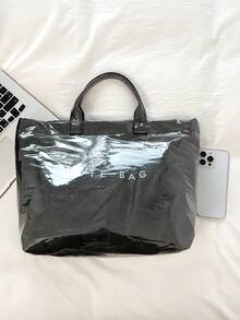 Letter Print Large Capacity PVC Transparent Tote Bag, Fashion Beach Vacation Handbag For Women - Black - View 10