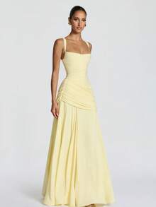 Tirantes Vestido Liso Elegante Nuevo con Pliegues, Escote Bajo, Cintura Ajustada y Espalda Descubierta - amarillo ganso - Ver 2