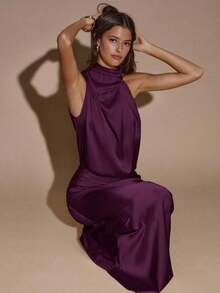 Vestido asimétrico sin mangas de color crema y amarillo, vestido de noche minimalista y sexy para fiesta, cóctel, boda, cumpleaños, vestido largo de satén - Rojo violeta - Ver 5