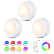 Luz LED tipo puck con control remoto, regulación de intensidad y temporizador, funciona con pilas (pilas no incluidas), diseño inalámbrico de presión, iluminación RGB de 13 colores - Adecuado para armarios, dormitorios, cocinas, debajo de escaleras - RGB - Ver 13