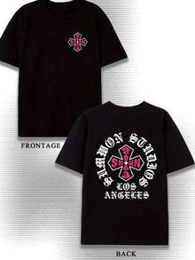 2026 Camiseta de algodón negro estampada - Impresión temática de Los Ángeles, cuello redondo casual de manga corta, estilo de moda de verano, diseño de cruz rosa llamativo, camiseta de estilo simple, algodón cómodo, cuello redondo, ligera, transpirable, algodón suave diario, envío adolescente para mujer, blusas para mujer > manga larga 1pc 180g Unisex Loose Crewneck T-Shirt - Negro - Ver 1
