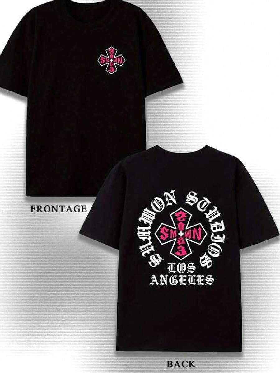 2026 Camiseta de algodón negro estampada - Impresión temática de Los Ángeles, cuello redondo casual de manga corta, estilo de moda de verano, diseño de cruz rosa llamativo, camiseta de estilo simple, algodón cómodo, cuello redondo, ligera, transpirable, algodón suave diario, envío adolescente para mujer, blusas para mujer > manga larga 1pc 180g Unisex Loose Crewneck T-Shirt - Negro - Ver 1